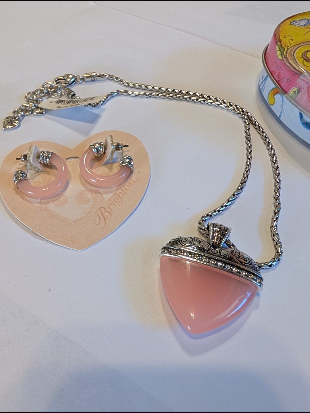 Brighton Pink Resin Heart Pendant Necklace with Matching Hoop Earrings
